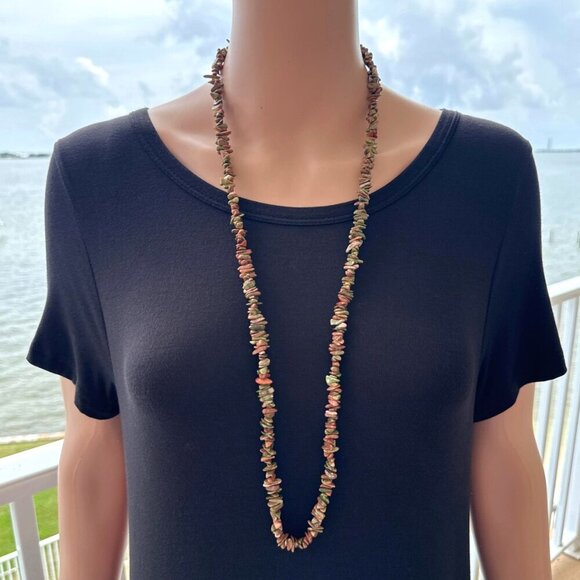 Unakite Necklace Long Strand Pink Green Natural Stone 34 Inch Length - Picture 2 of 4